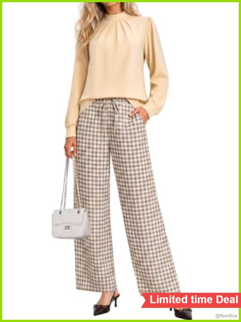 Mock Neck Pleated Top & Wide Leg Pants Set - Women's 2 Piece Outfit